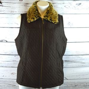 Chico's Brown Full Zippered Vest Faux Fur Trim
